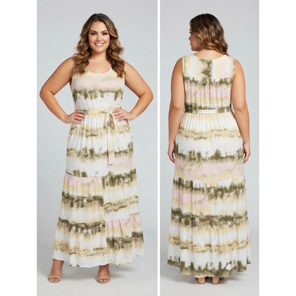 Ava & Viv Pink Olive Tie Dye Tiered Maxi Dress Sleeveless Rayon Boho Size X